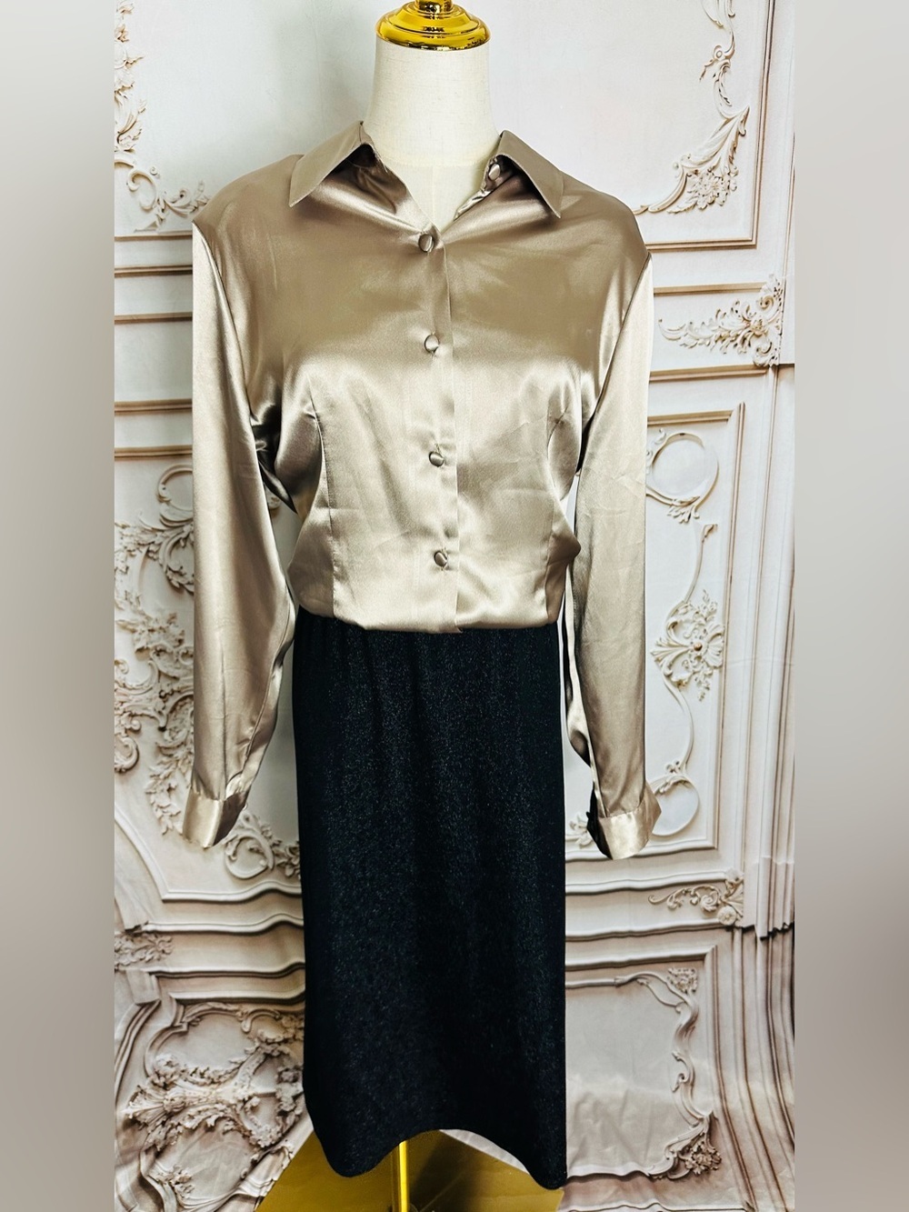 Satin Button-Down Blouse - Taupe - Picture 6 of 11